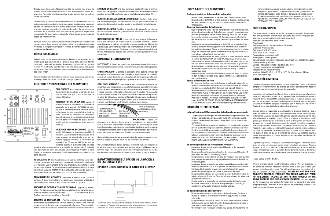 Acoustic Research ARPR808 owner manual Dónde Colocarlo, Conectar EL Subwoofer, USO Y Ajuste DEL Subwoofer, Especificaciones 