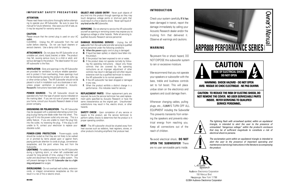 Acoustic Research ARPR808 owner manual I N T R O D U C T I O N, Wa R N I N G, Risk Of Electrical Shock Do Not Open 