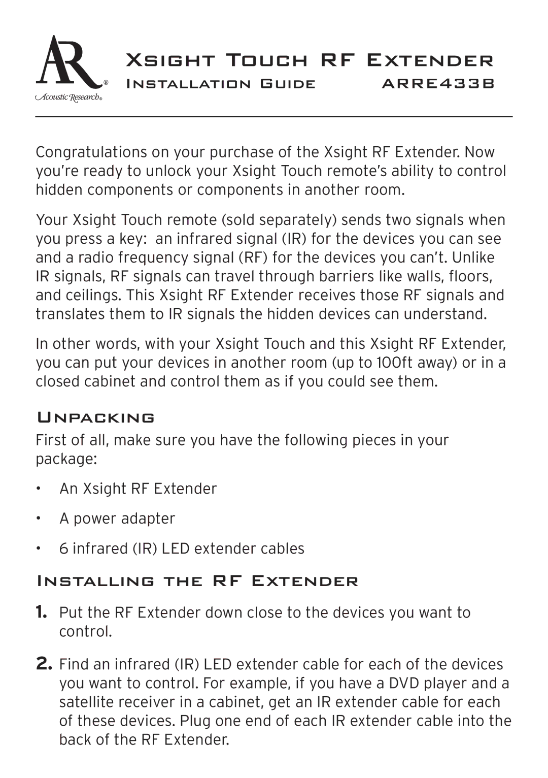 Acoustic Research ARRE433B manual Xsight Touch RF Extender, Unpacking, Installing the RF Extender 