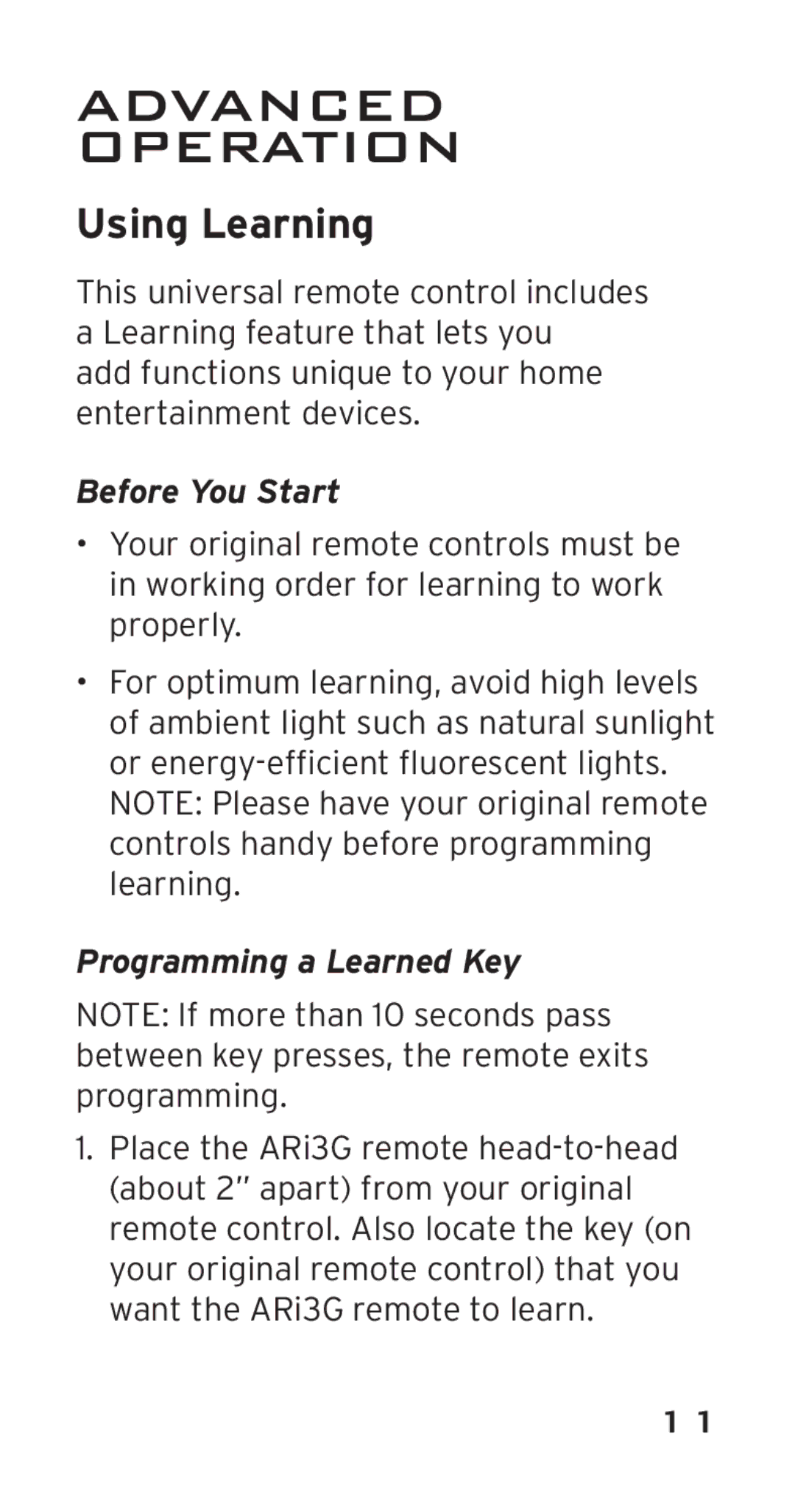 Acoustic Research ARi3G, ARRI03G manual Advanced Operation, Using Learning, Before You Start, Programming a Learned Key 