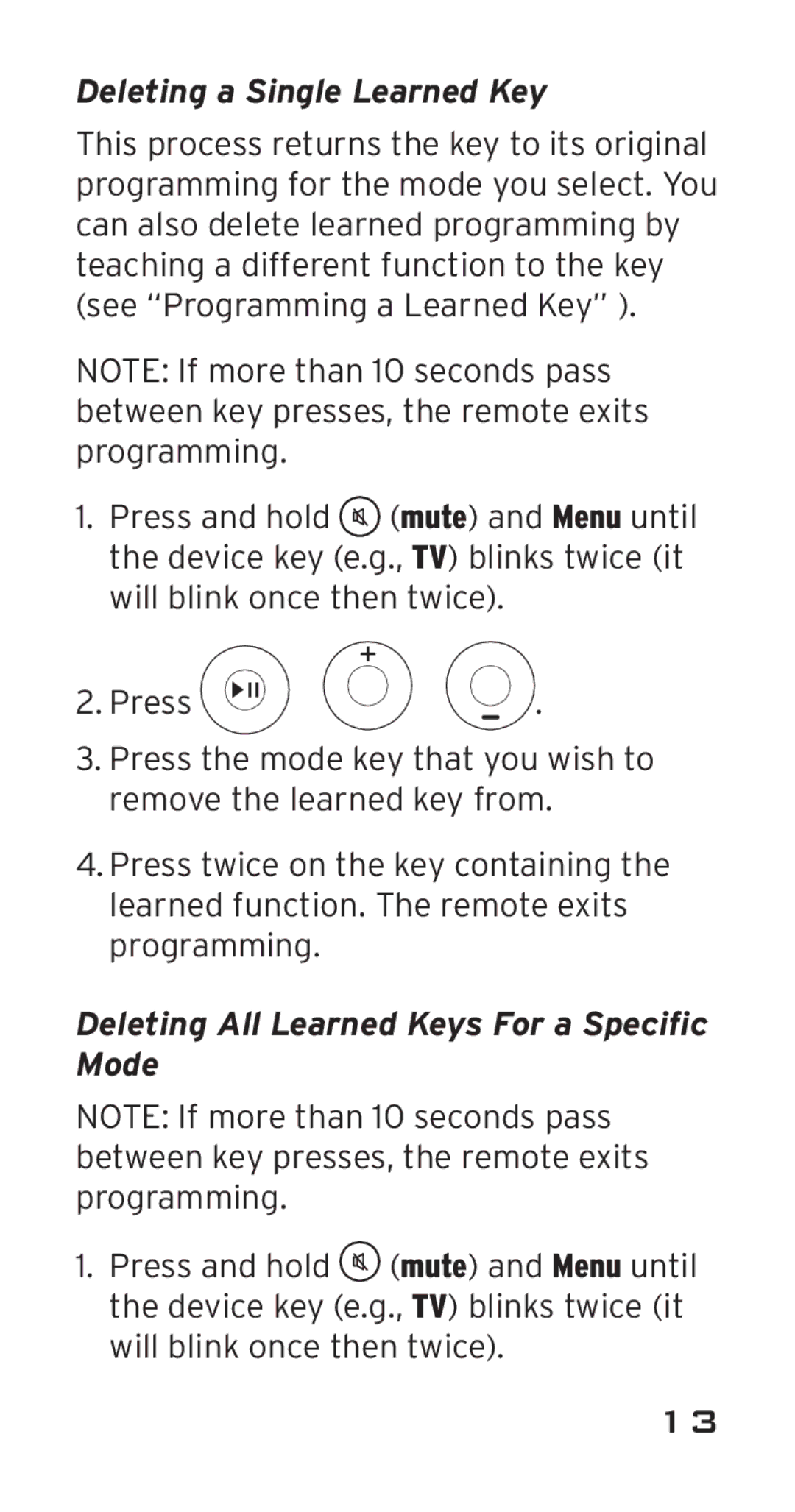 Acoustic Research ARi3G, ARRI03G manual Deleting a Single Learned Key, Deleting All Learned Keys For a Specific Mode 