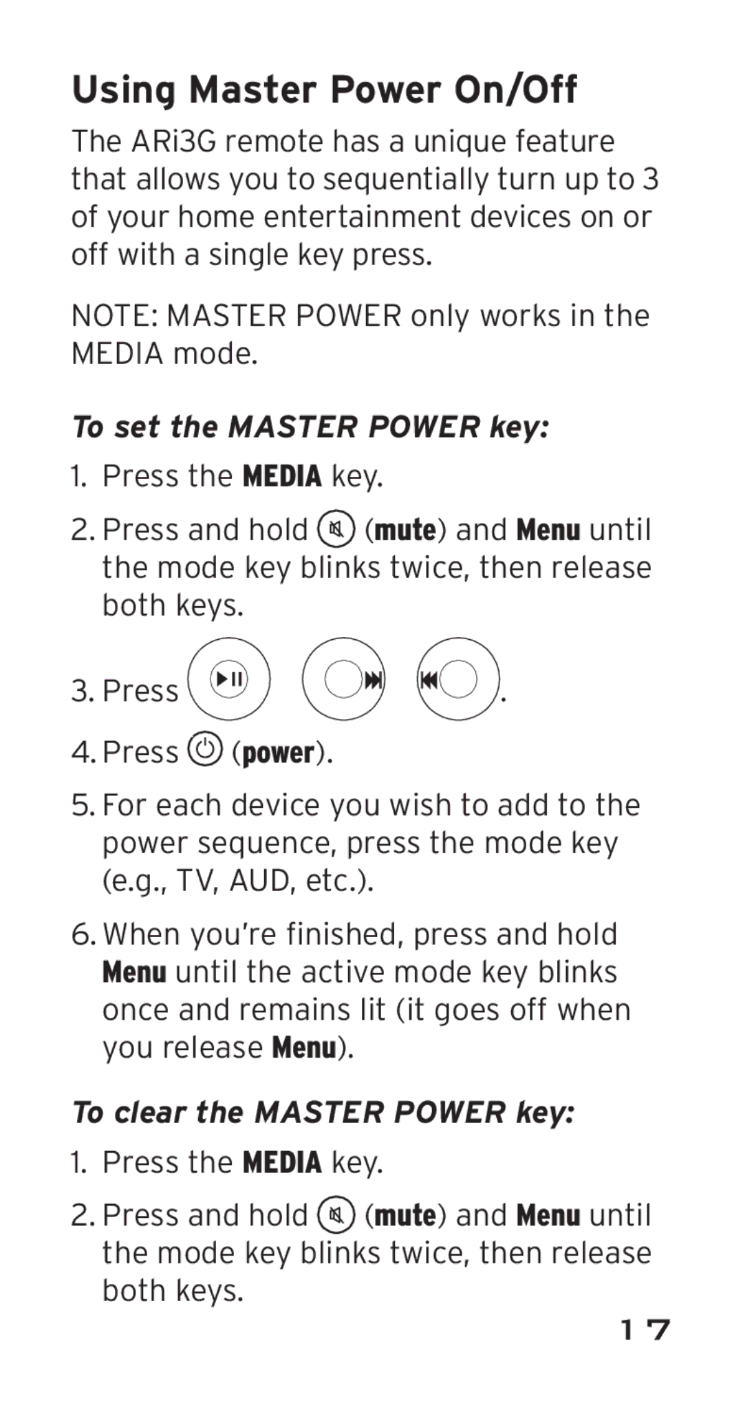 Acoustic Research ARi3G, ARRI03G Using Master Power On/Off, To set the Master Power key, To clear the Master Power key 