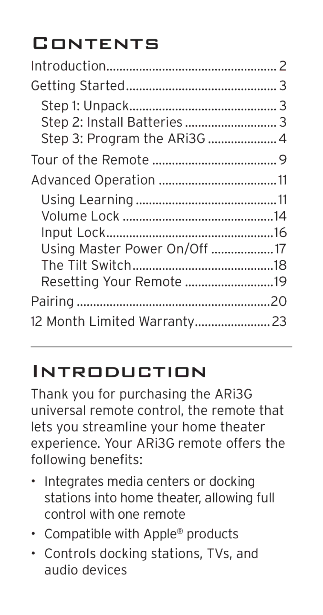 Acoustic Research ARRI03G, ARi3G manual Contents, Introduction 