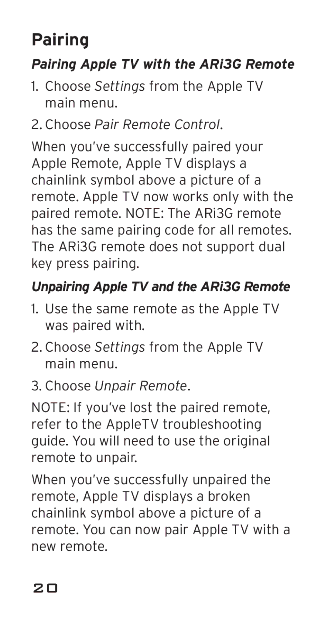 Acoustic Research ARRI03G manual Pairing Apple TV with the ARi3G Remote 