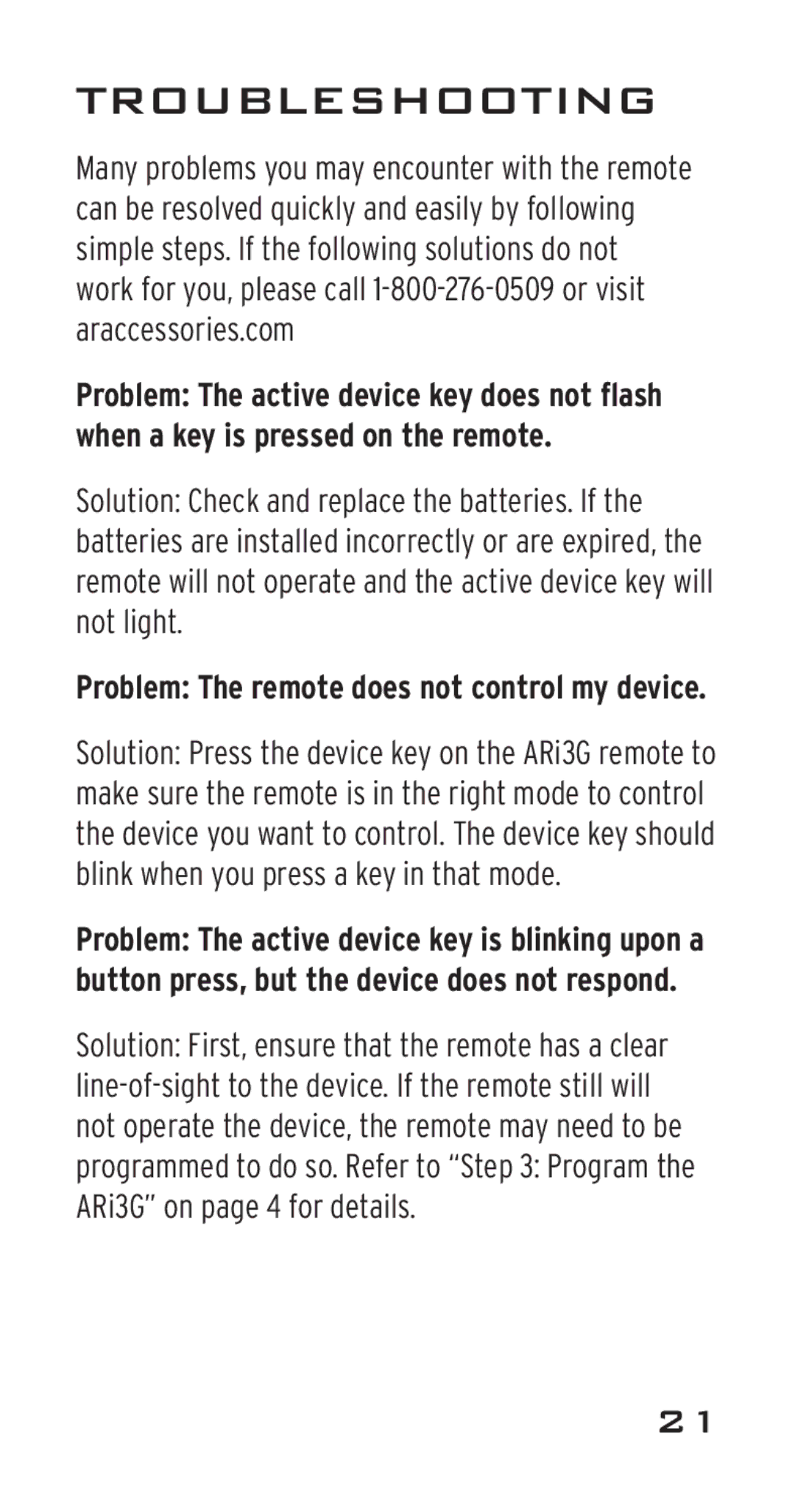 Acoustic Research ARi3G, ARRI03G manual Troubleshooting 