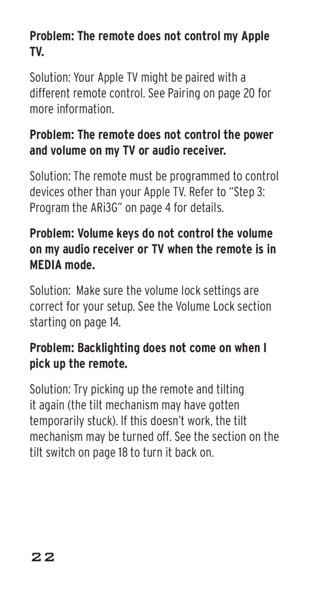 Acoustic Research ARRI03G, ARi3G manual Problem The remote does not control my Apple TV 