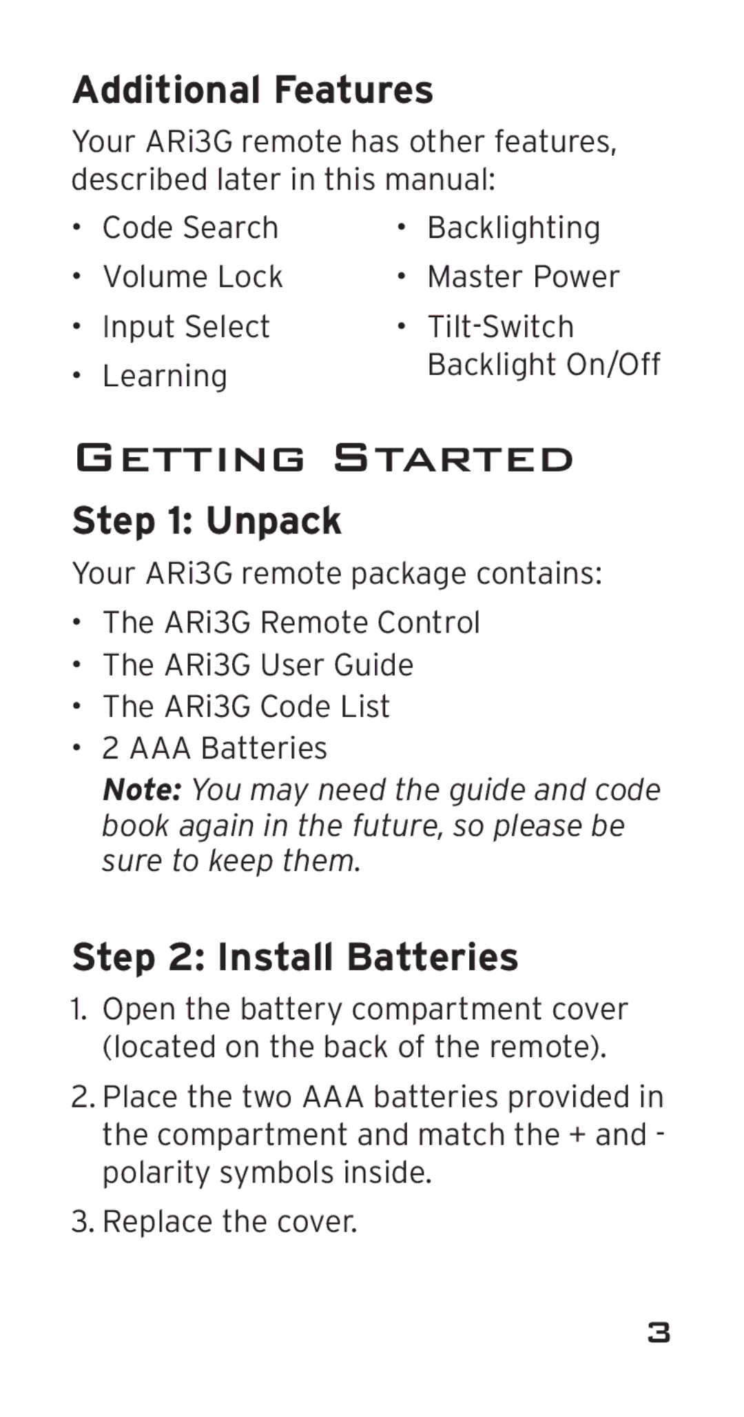 Acoustic Research ARi3G, ARRI03G manual Getting Started, Additional Features, Unpack, Install Batteries 