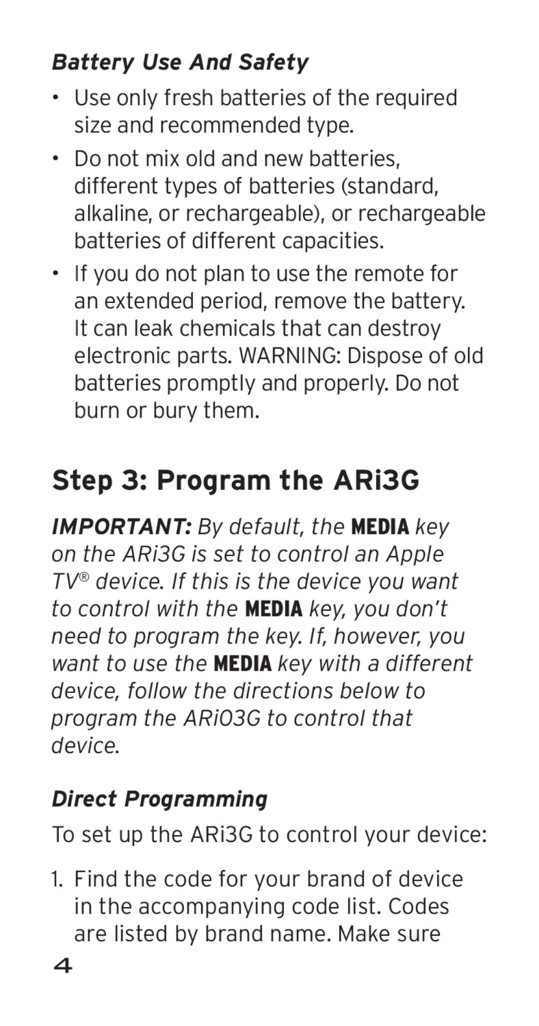 Acoustic Research ARRI03G manual Program the ARi3G, Battery Use And Safety, Direct Programming 