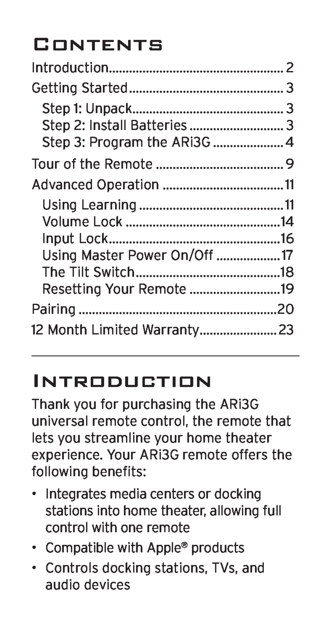 Acoustic Research ARRI03G, ARi3G manual Contents, Introduction 