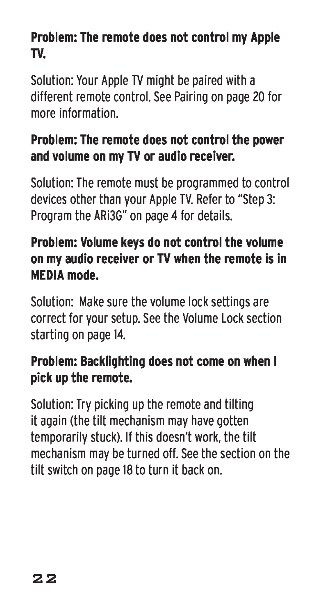 Acoustic Research ARRI03G, ARi3G manual Problem The remote does not control my Apple TV 