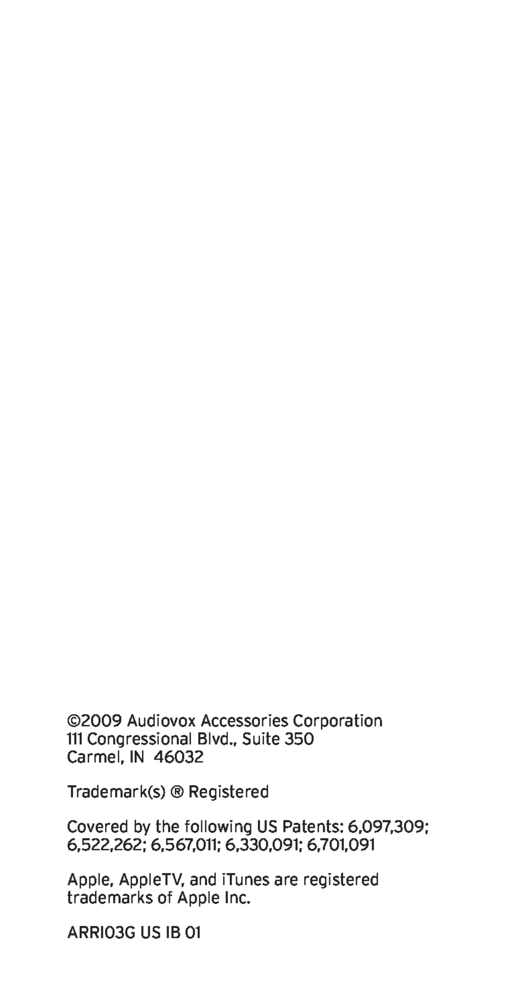 Acoustic Research ARi3G manual Audiovox Accessories Corporation 111 Congressional Blvd., Suite, ARRI03G US IB 