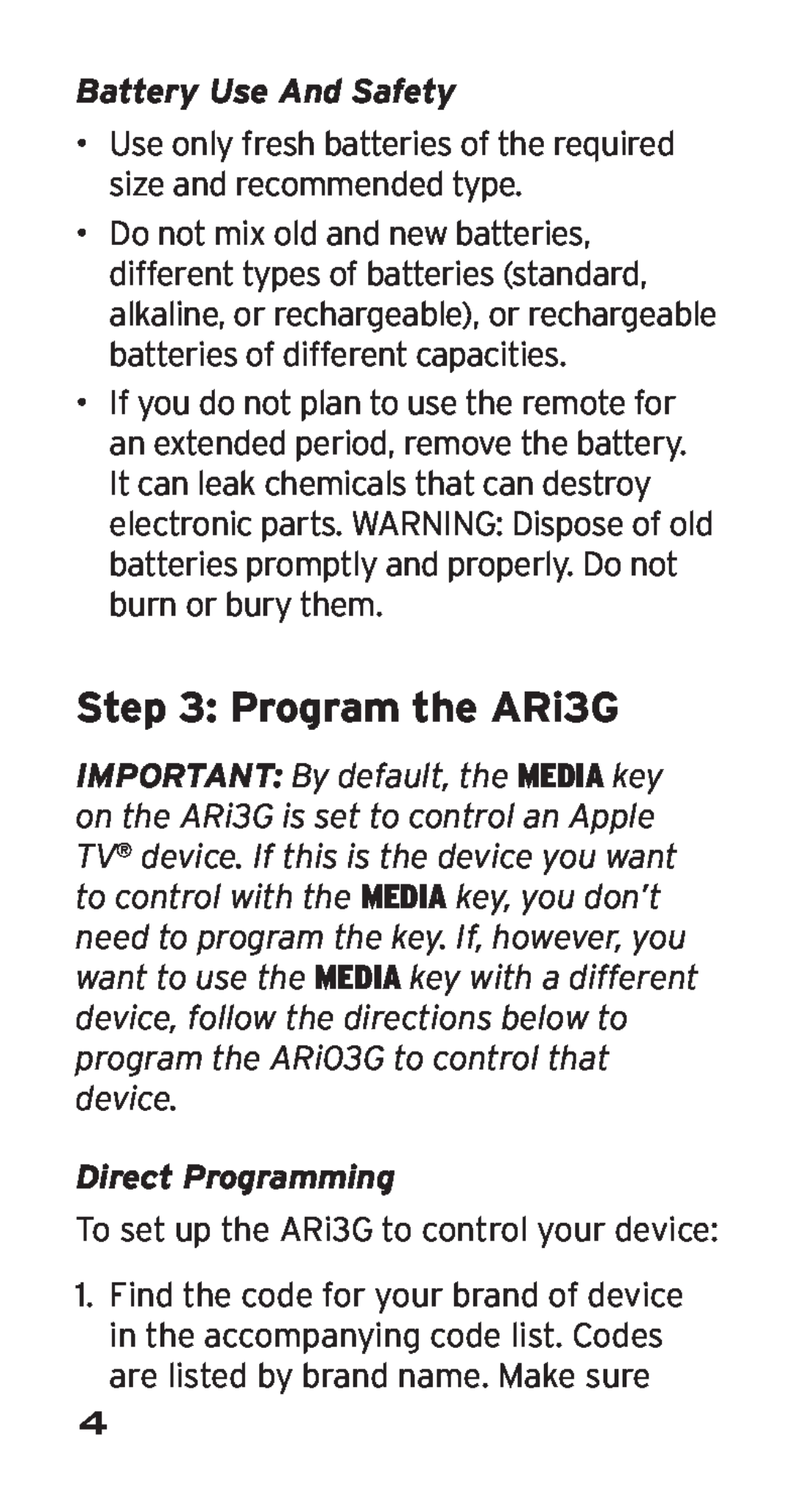 Acoustic Research ARRI03G manual Program the ARi3G, Battery Use And Safety, Direct Programming 