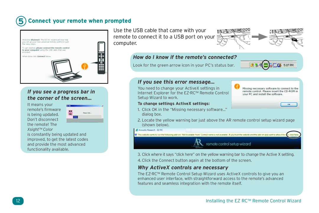 Acoustic Research ARRX15G setup guide Connect your remote when prompted, If you see a progress bar Corner of the screen 