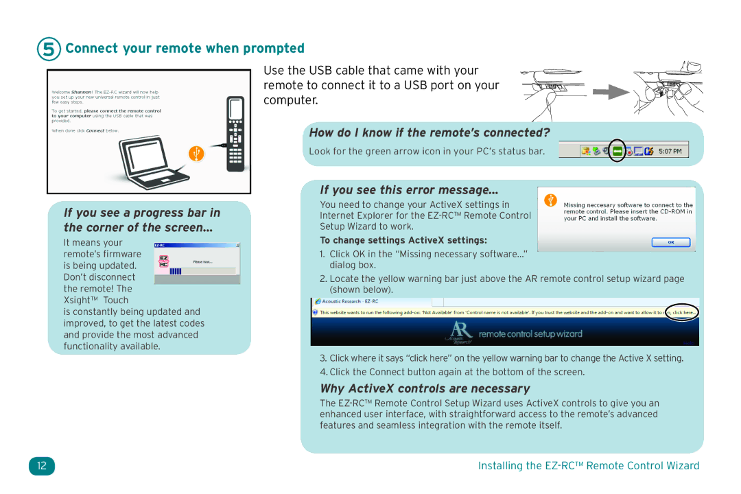 Acoustic Research ARRX18G setup guide Connect your remote when prompted, If you see a progress bar Corner of the screen 