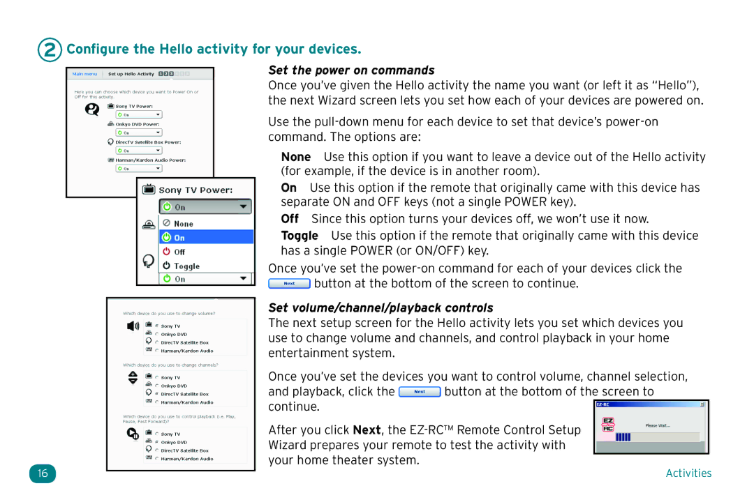 Acoustic Research ARRX18G setup guide Configure the Hello activity for your devices, Set the power on commands 