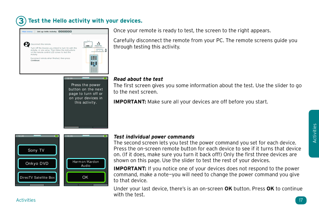 Acoustic Research ARRX18G Test the Hello activity with your devices, Read about the test, Test individual power commands 