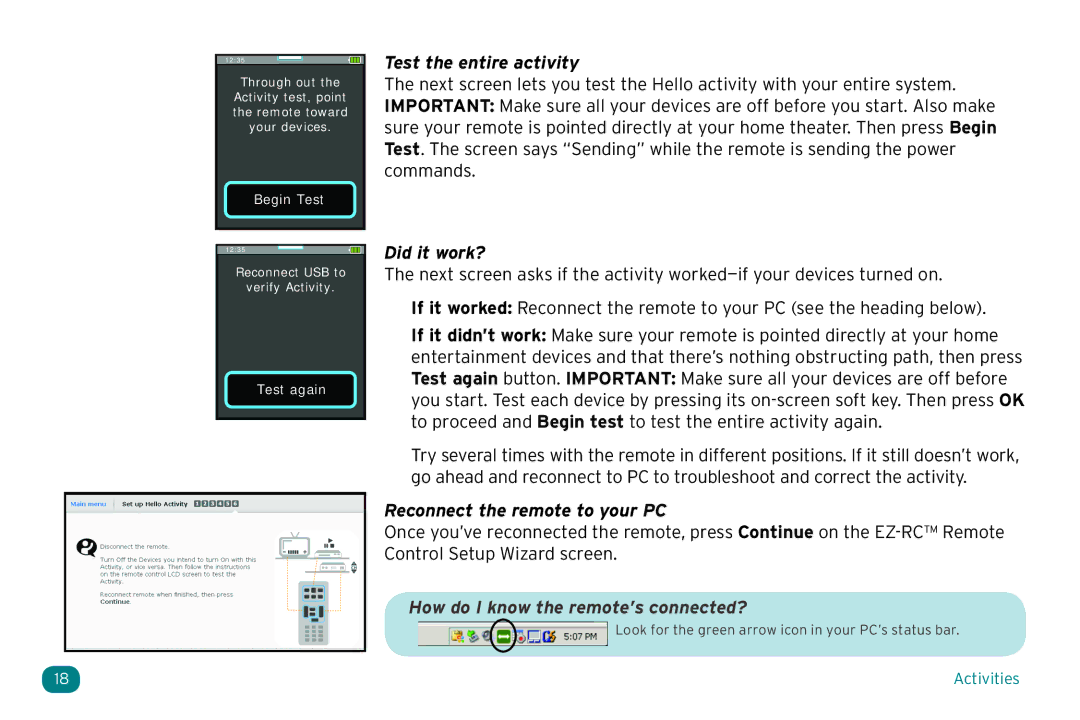 Acoustic Research ARRX18G setup guide Test the entire activity, Did it work?, Reconnect the remote to your PC 