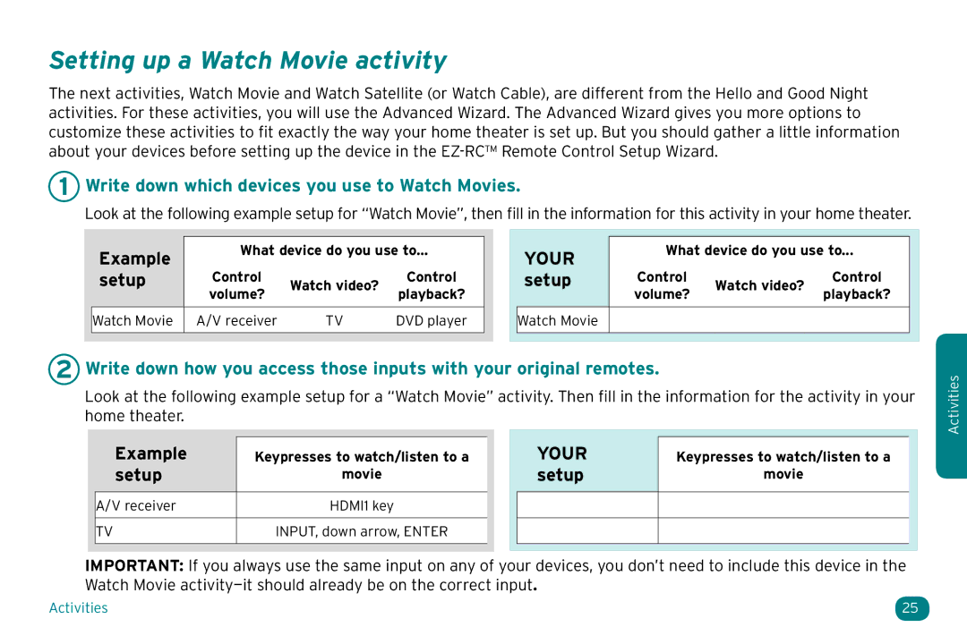 Acoustic Research ARRX18G setup guide Setting up a Watch Movie activity, Write down which devices you use to Watch Movies 