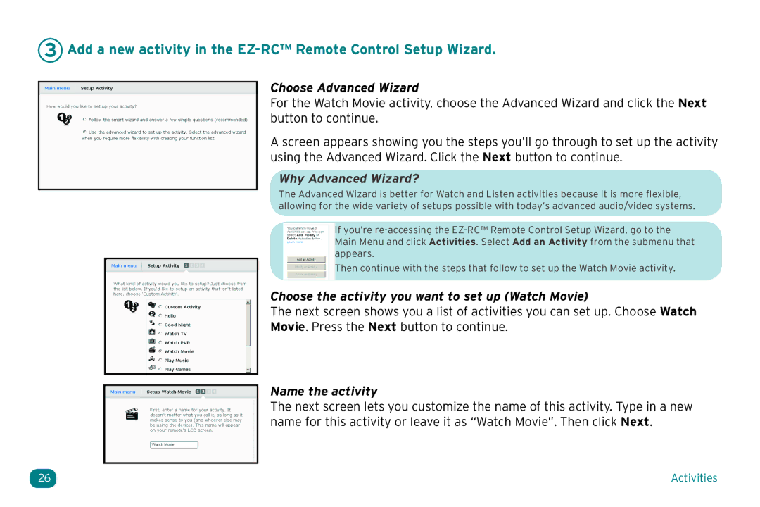 Acoustic Research ARRX18G setup guide Add a new activity in the EZ-RC Remote Control Setup Wizard, Choose Advanced Wizard 