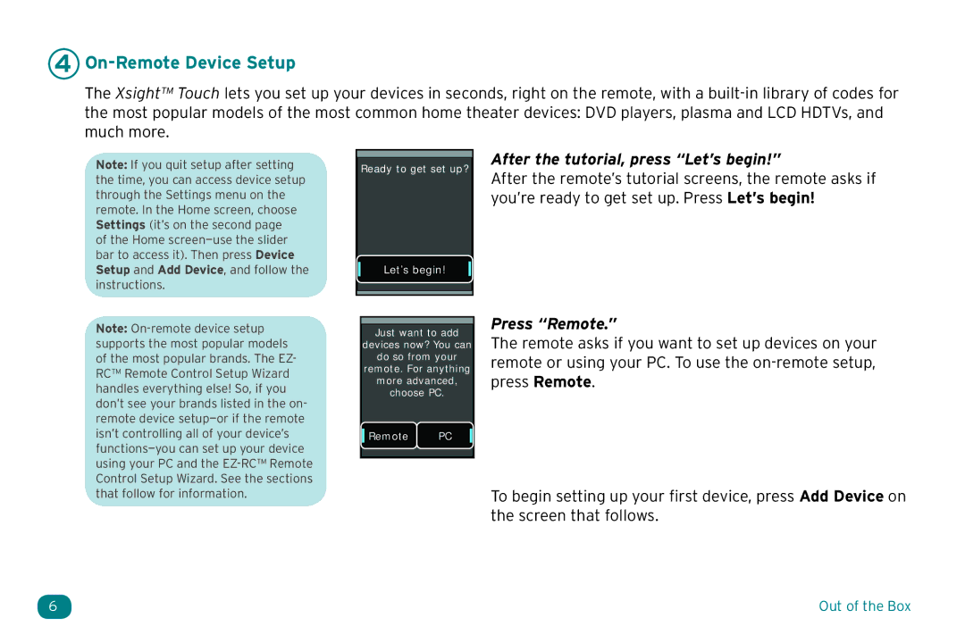 Acoustic Research ARRX18G setup guide On-Remote Device Setup, After the tutorial, press Let’s begin, Press Remote 