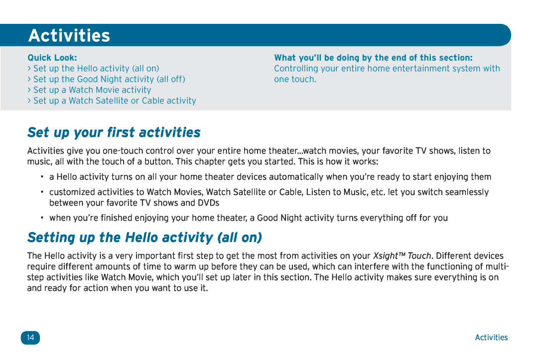 Acoustic Research ARRX18G Activities, Set up your first activities, Setting up the Hello activity all on, one touch 