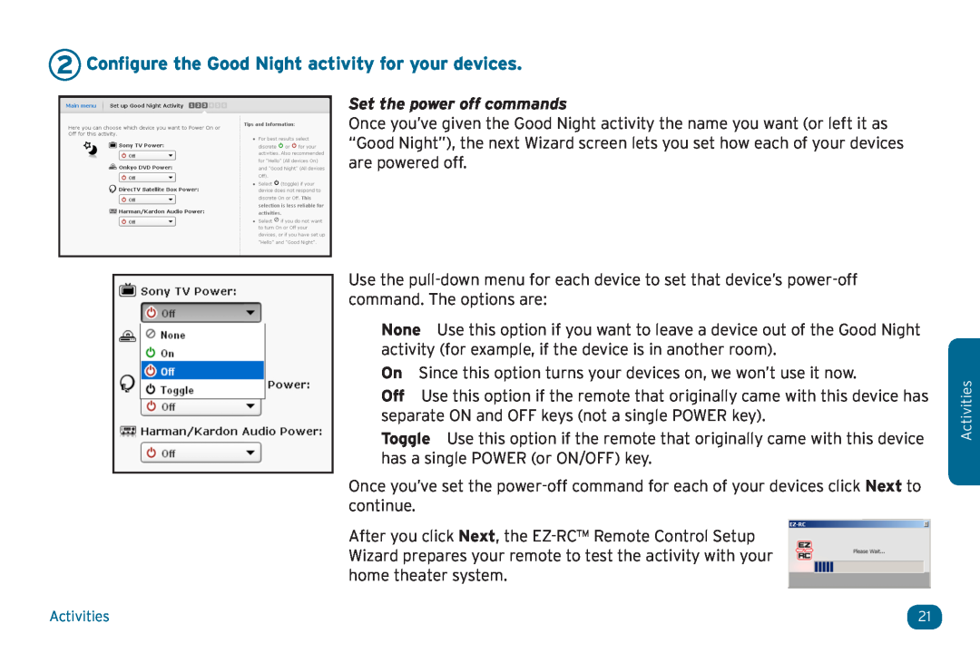 Acoustic Research ARRX18G setup guide Configure the Good Night activity for your devices, Set the power off commands 