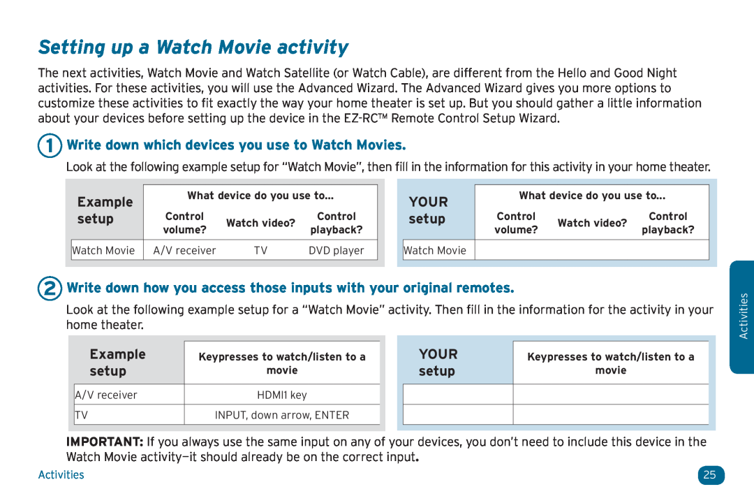 Acoustic Research ARRX18G Setting up a Watch Movie activity, Write down which devices you use to Watch Movies, Example 