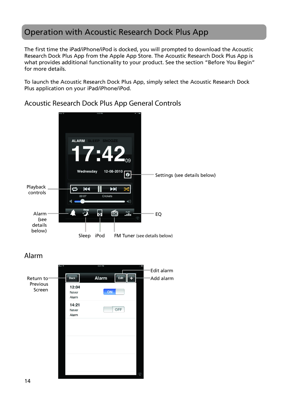 Acoustic Research ARS28I Operation with Acoustic Research Dock Plus App, Acoustic Research Dock Plus App General Controls 