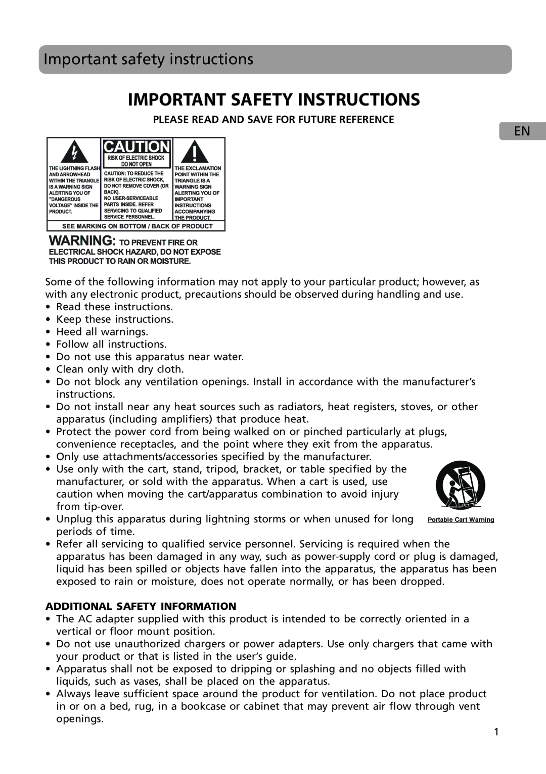 Acoustic Research ARS28I user manual Important Safety Instructions, Important safety instructions 