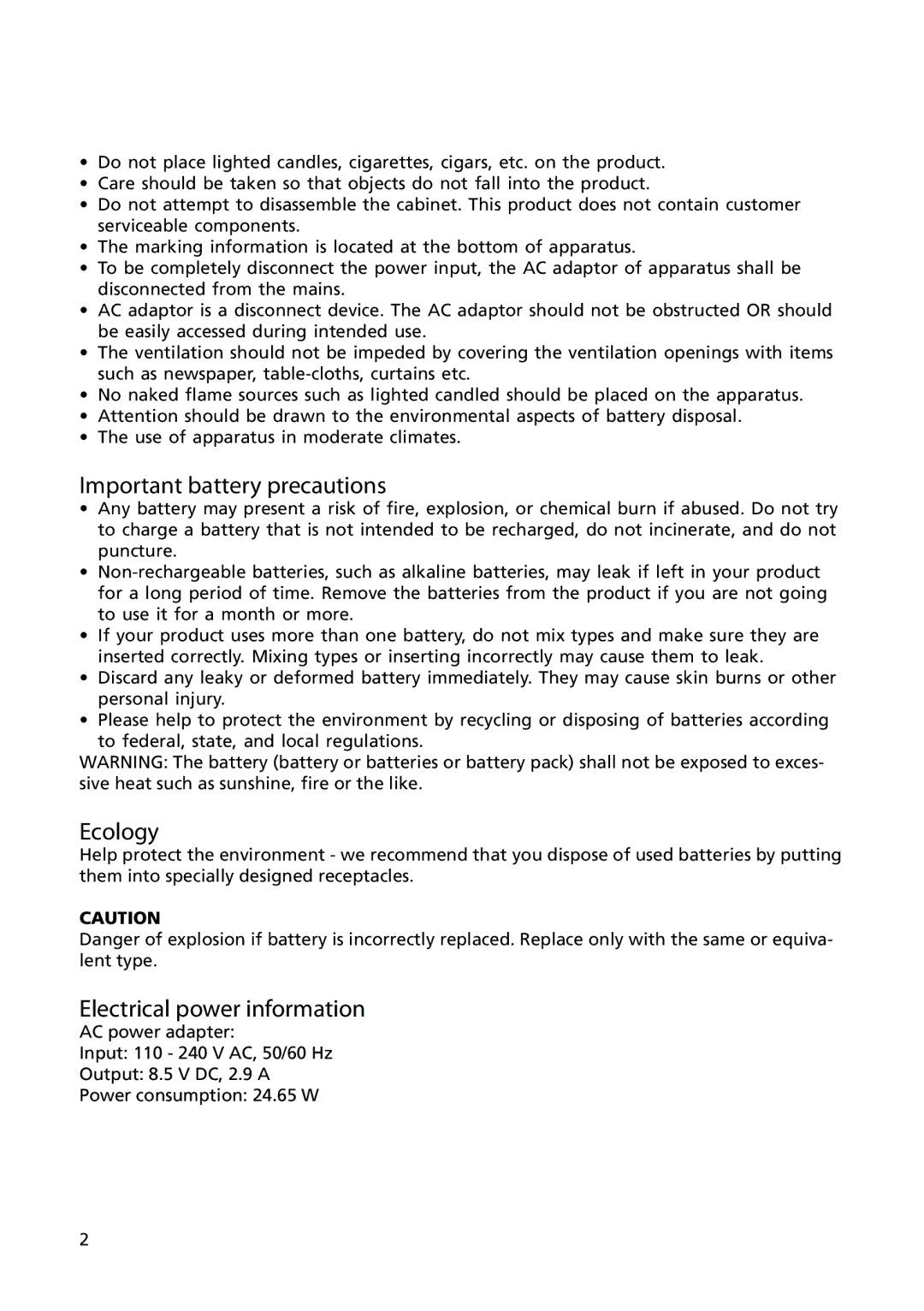 Acoustic Research ARS28I user manual Important battery precautions, Ecology, Electrical power information 