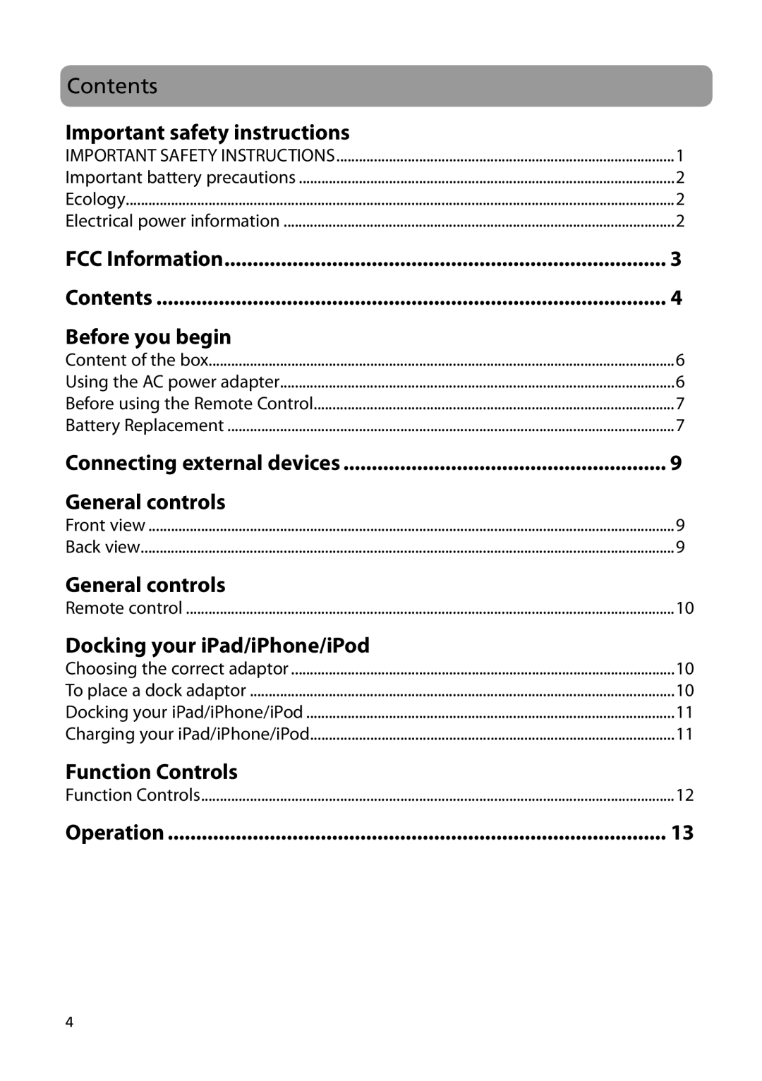 Acoustic Research ARS28I user manual General controls 