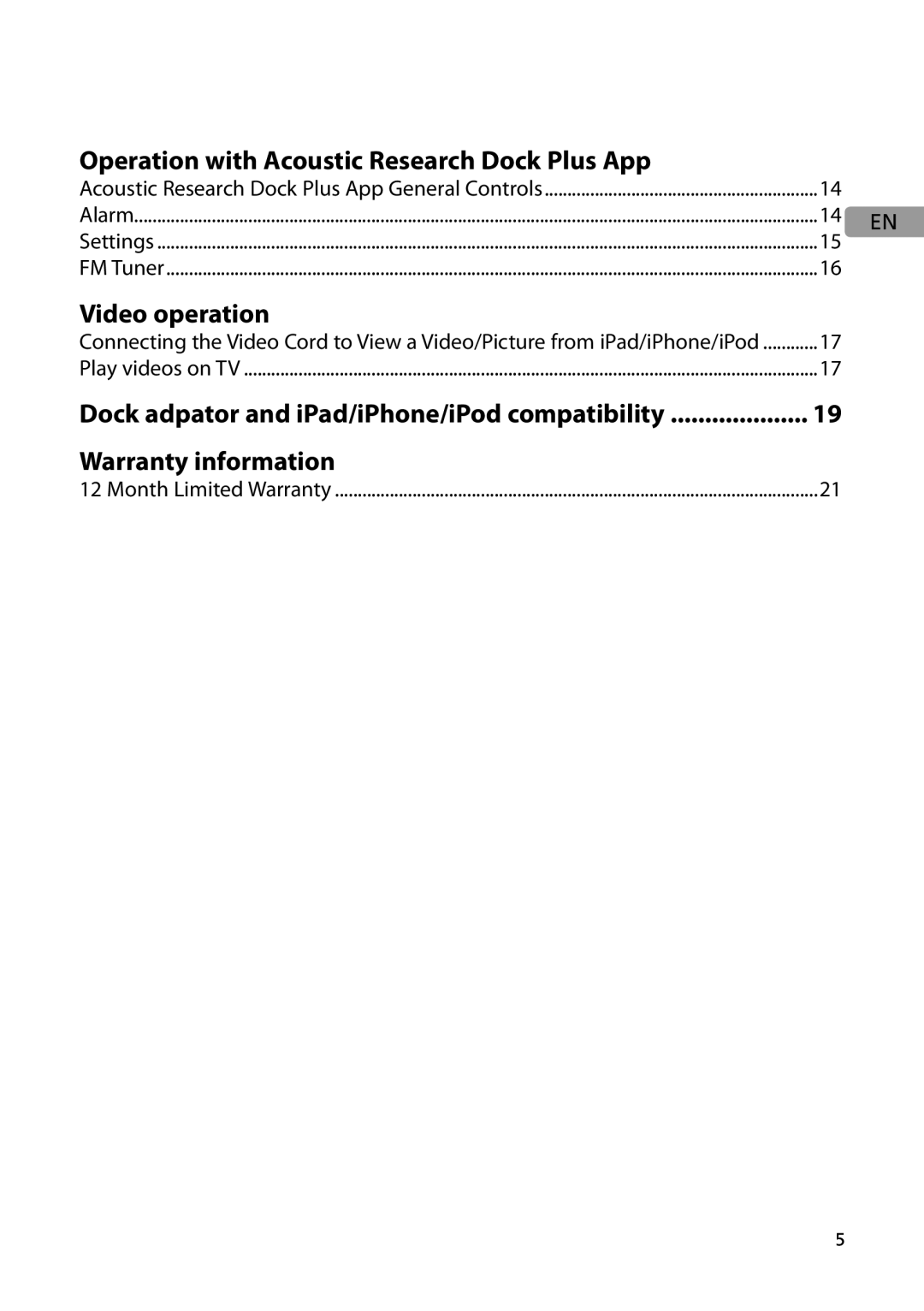 Acoustic Research ARS28I user manual Operation with Acoustic Research Dock Plus App 