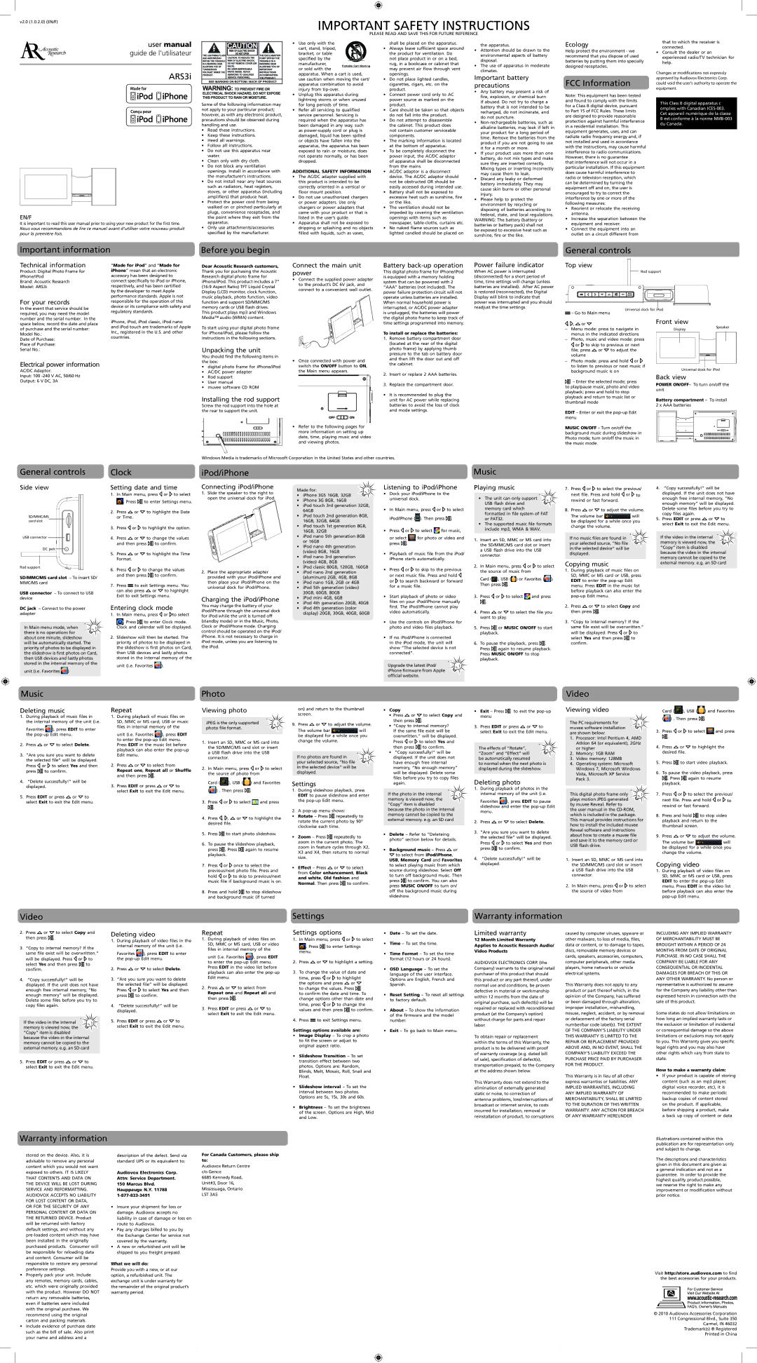 Acoustic Research ARS3I user manual ARS3i, FCC Information, Important information, Before you begin, General controls 