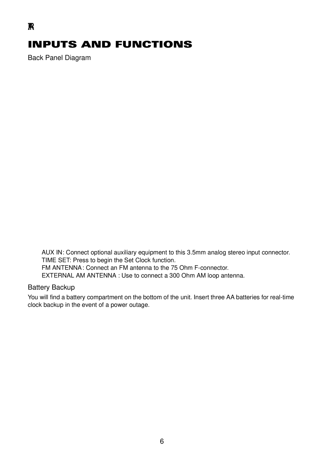 Acoustic Research owner manual ART1 Inputs and Functions, Back Panel Diagram, Battery Backup 