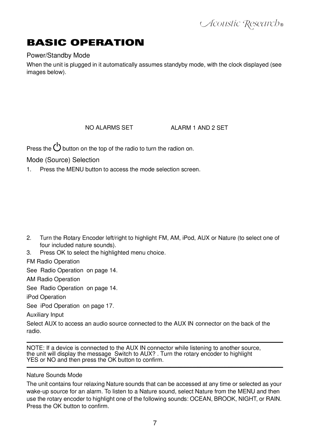 Acoustic Research ART1 owner manual Basic Operation, Power/Standby Mode, Mode Source Selection 