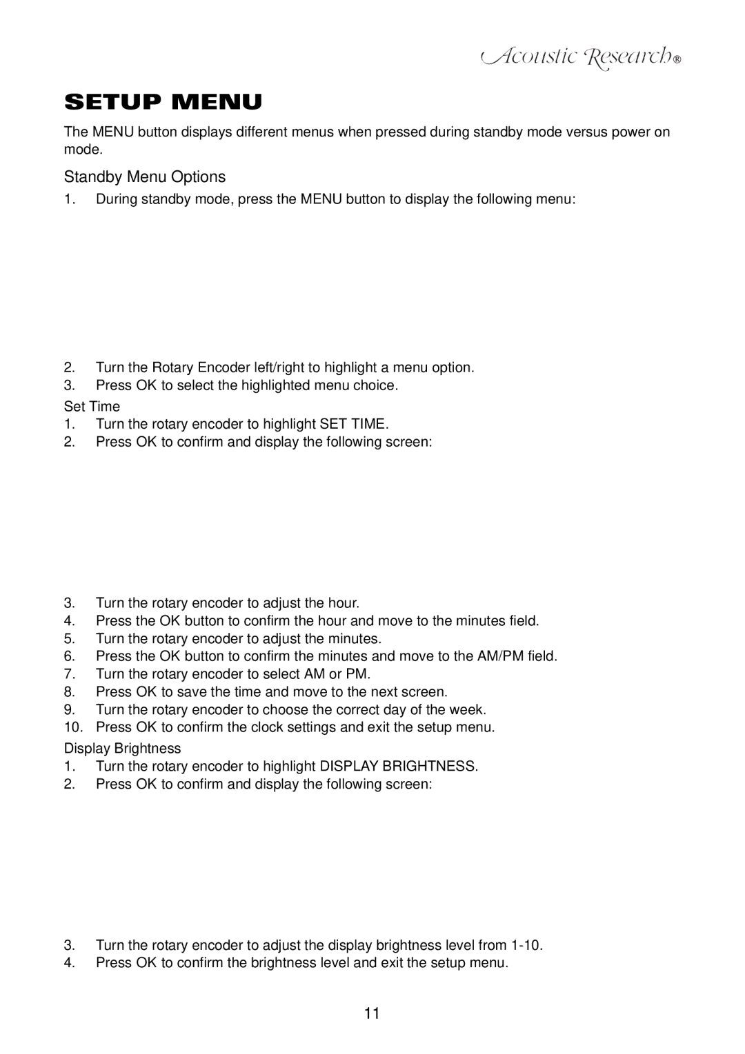 Acoustic Research ART1 owner manual Setup Menu, Standby Menu Options, Set Time, Display Brightness 