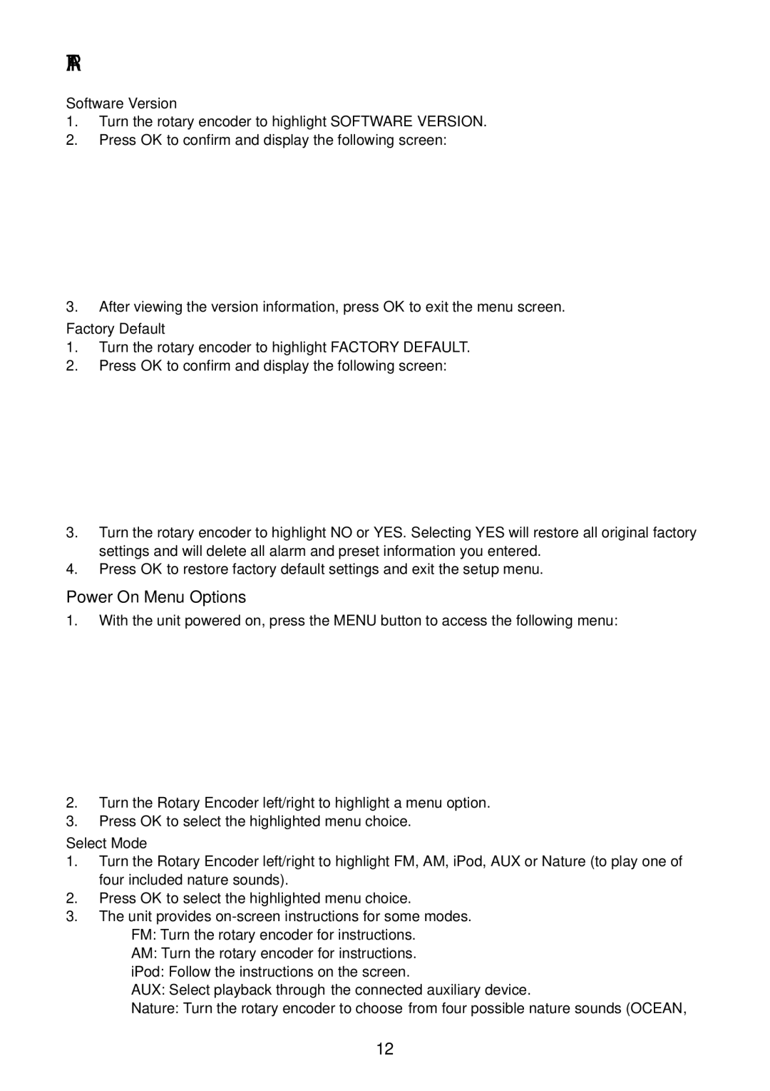 Acoustic Research ART1 owner manual Power On Menu Options, Software Version, Factory Default, Select Mode 