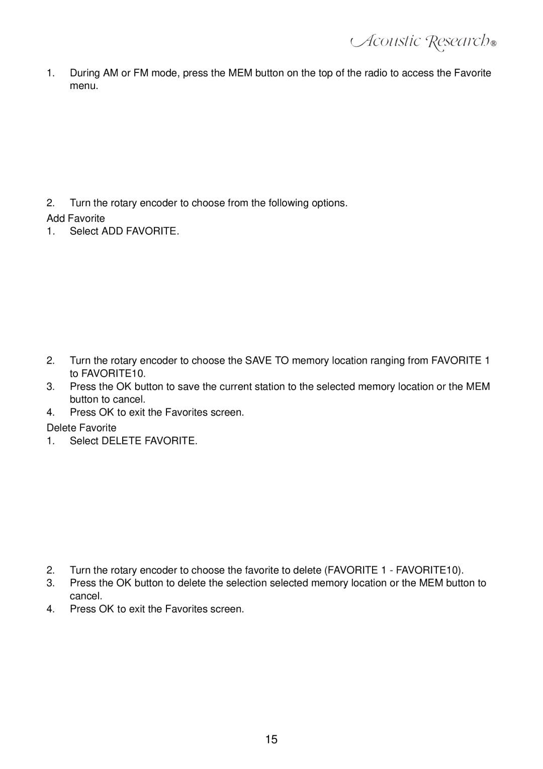 Acoustic Research ART1 owner manual Add Favorite, Delete Favorite 