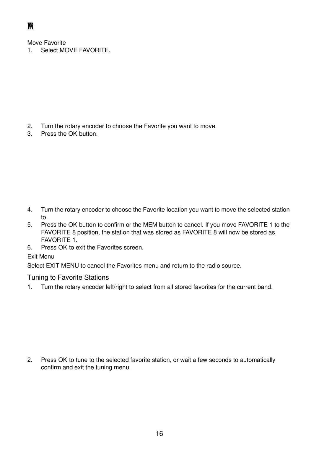 Acoustic Research ART1 owner manual Tuning to Favorite Stations, Move Favorite, Exit Menu 