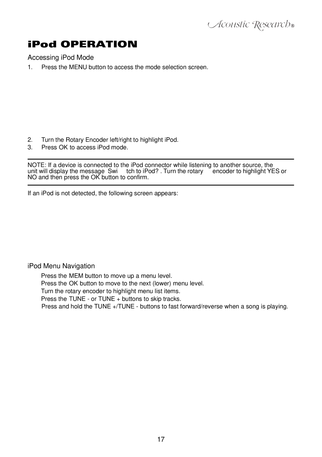 Acoustic Research ART1 owner manual Accessing iPod Mode, IPod Menu Navigation 