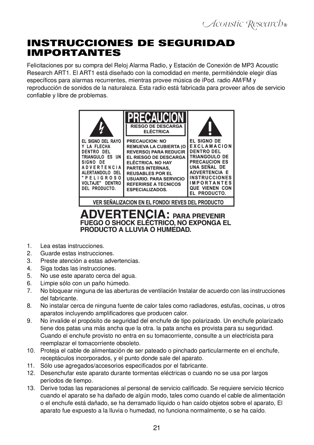 Acoustic Research ART1 owner manual Instrucciones DE Seguridad Importantes 