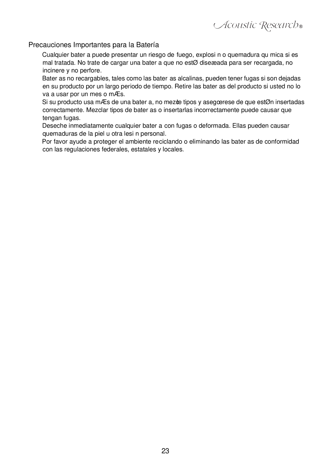 Acoustic Research ART1 owner manual Precauciones Importantes para la Batería 