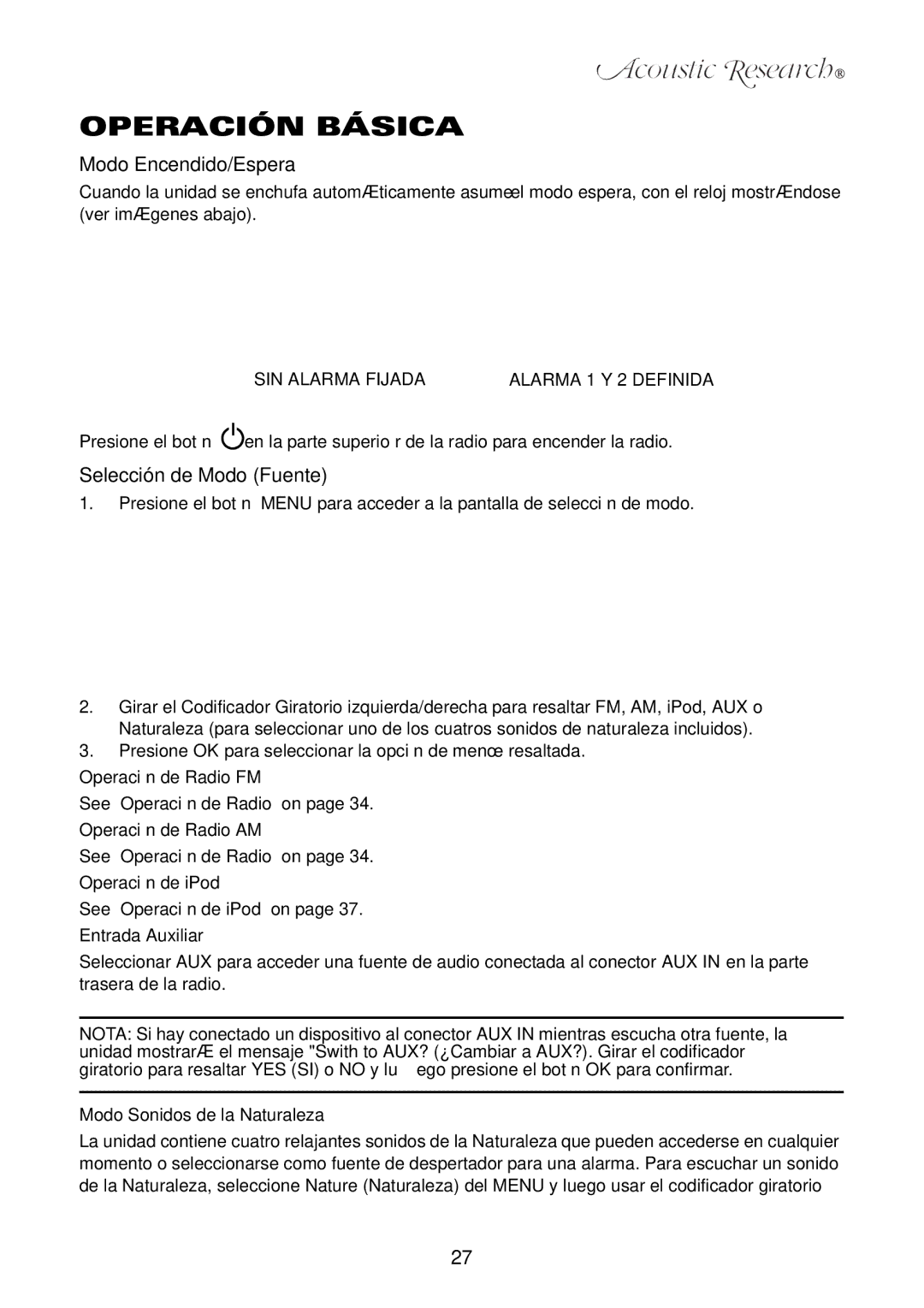 Acoustic Research ART1 owner manual Operación Básica, Modo Encendido/Espera, Selección de Modo Fuente 