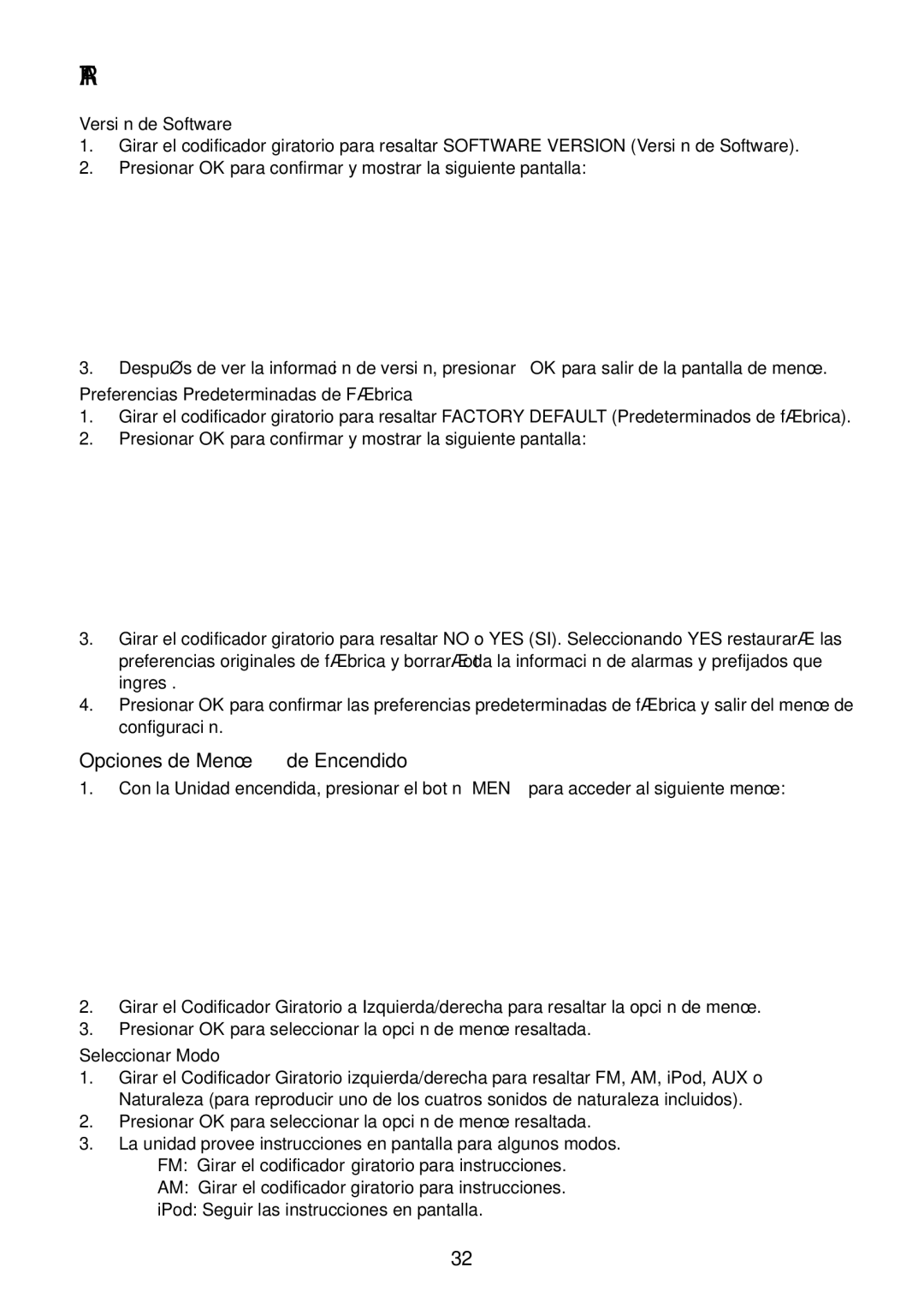 Acoustic Research ART1 Opciones de Menú de Encendido, Versión de Software, Preferencias Predeterminadas de Fábrica 