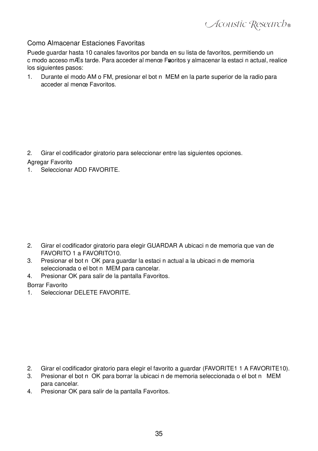 Acoustic Research ART1 owner manual Como Almacenar Estaciones Favoritas, Agregar Favorito, Borrar Favorito 