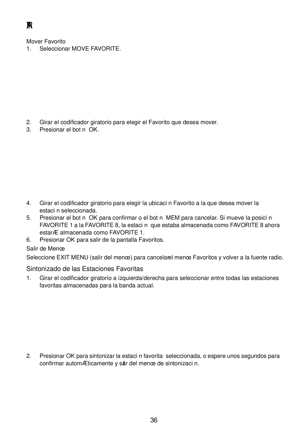 Acoustic Research ART1 owner manual Sintonizado de las Estaciones Favoritas, Mover Favorito, Salir de Menú 