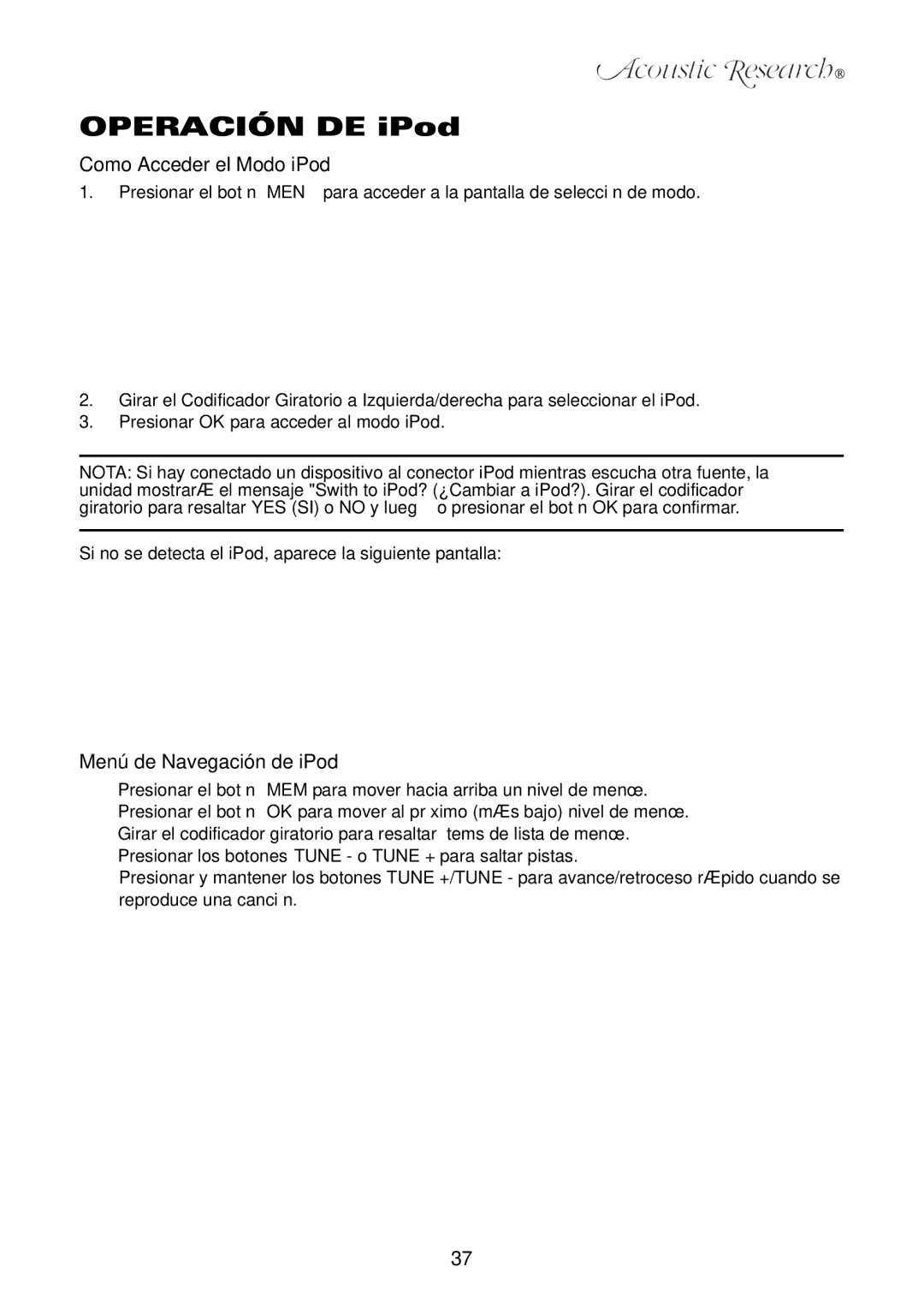 Acoustic Research ART1 owner manual Como Acceder el Modo iPod, Menú de Navegación de iPod 