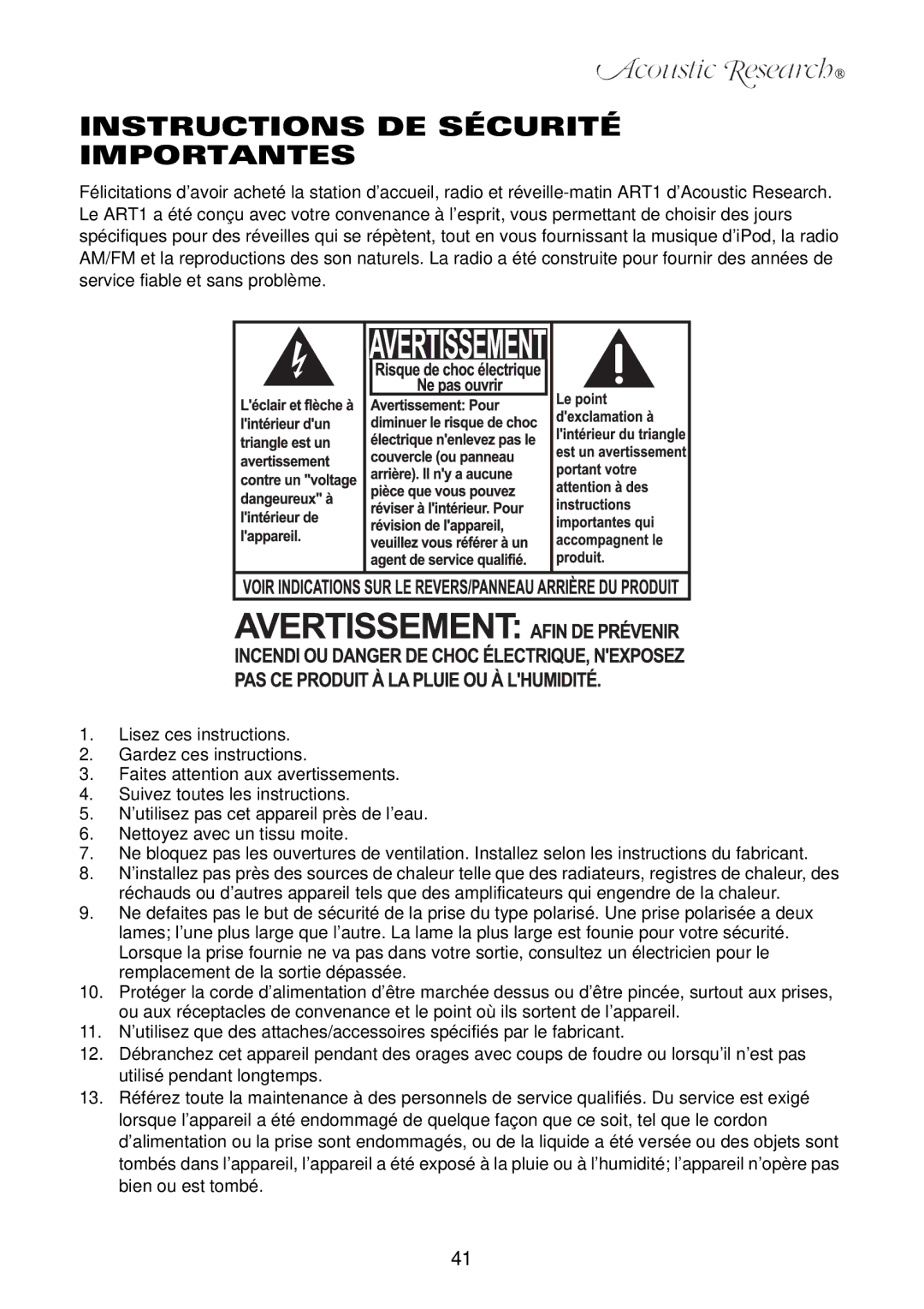 Acoustic Research ART1 owner manual Instructions DE Sécurité Importantes 