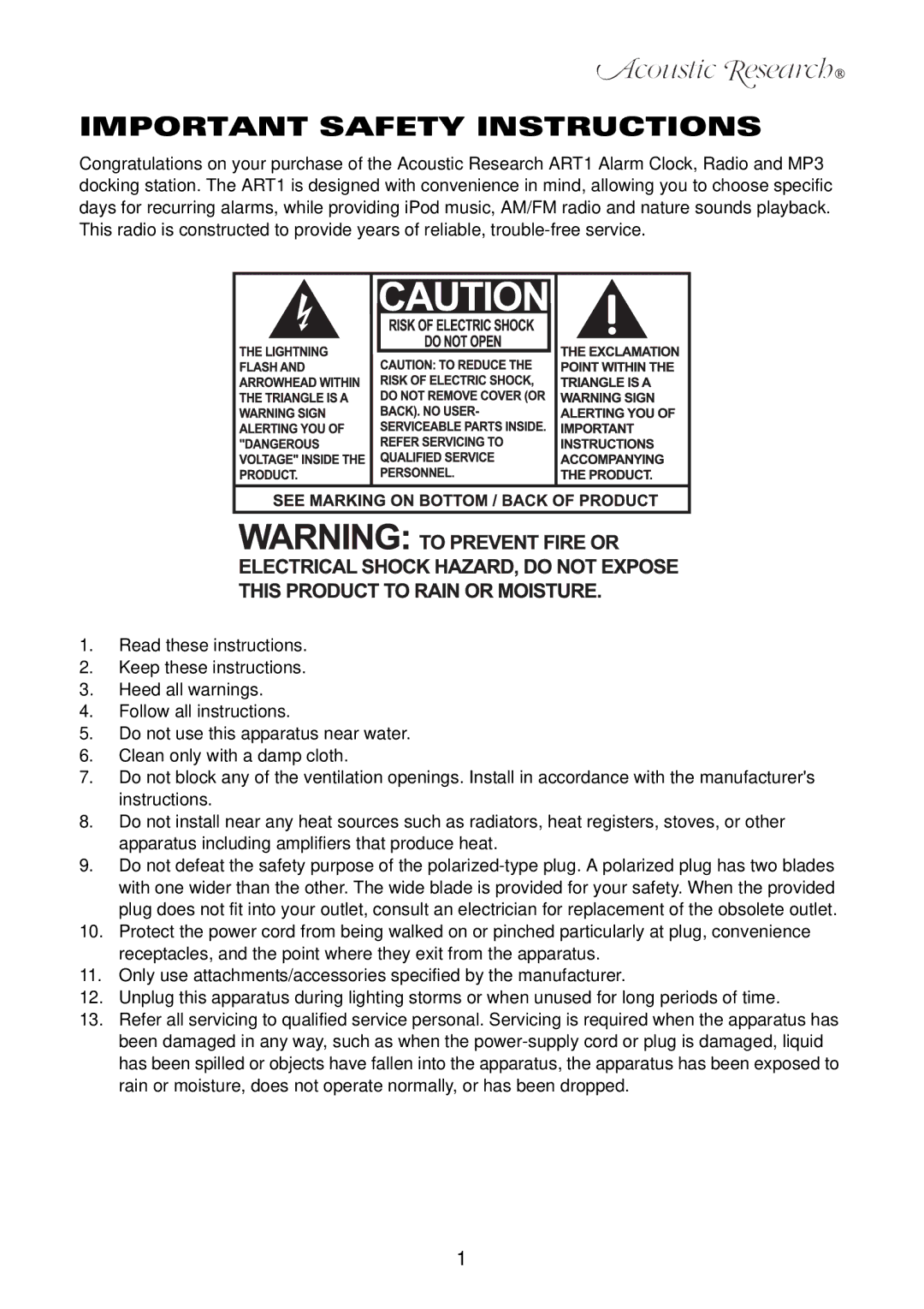 Acoustic Research ART1 owner manual Important Safety Instructions 