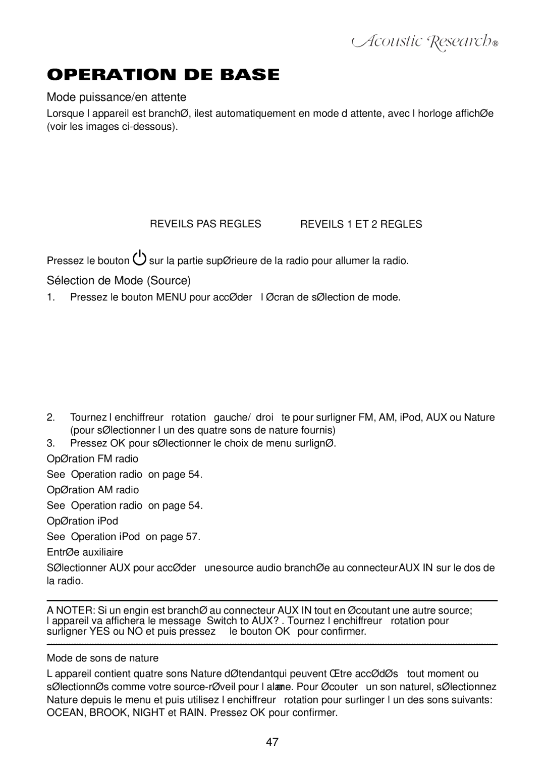 Acoustic Research ART1 owner manual Operation DE Base, Mode puissance/en attente, Sélection de Mode Source 